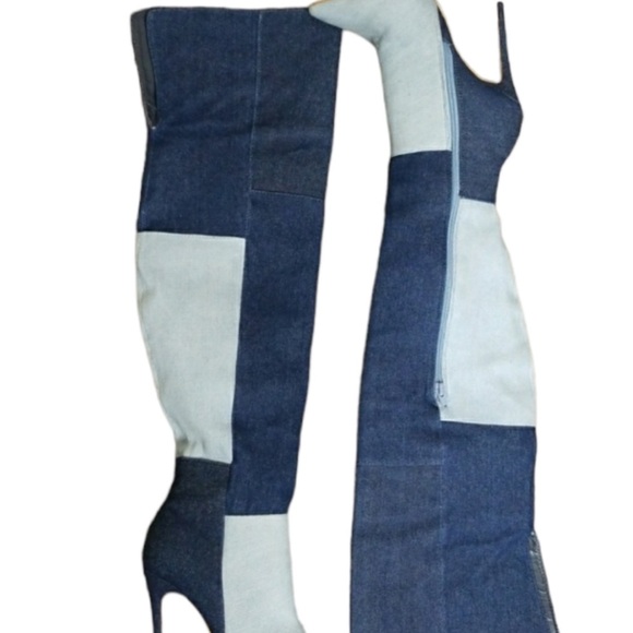 Patchwork Denim Thigh-High Boots - Picture 1 of 4
